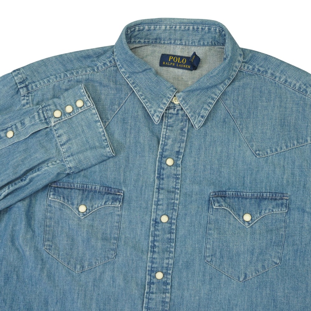 Polo Ralph Lauren Denim Pearl Snap Shirt Mens XL Blue Western Long Sleeve Cotton